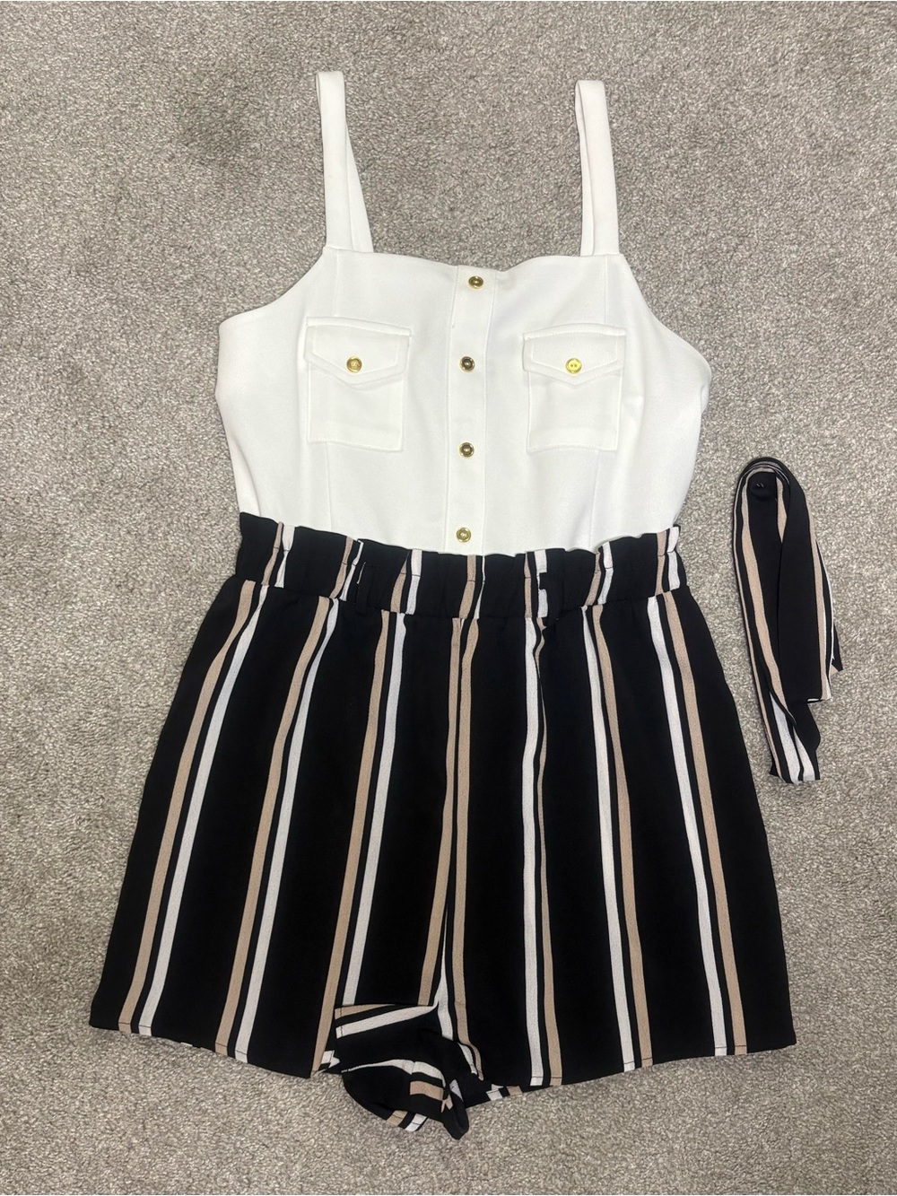 Justify White Tank Top Romper with Black & Cream Striped Shorts